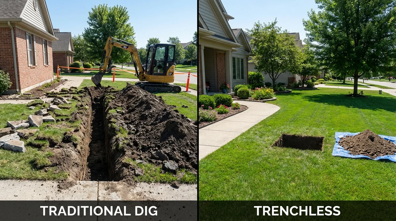 Trenchless sewer repair with minimal yard damage versus traditional excavation in Juncos, PR