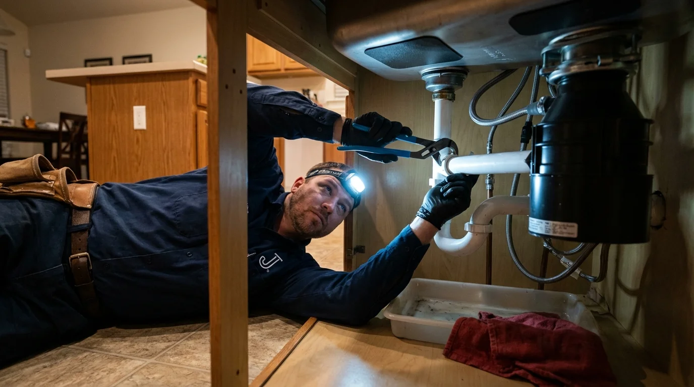 P-trap and supply line connections under a kitchen sink showing a common leak point in Juncos, PR